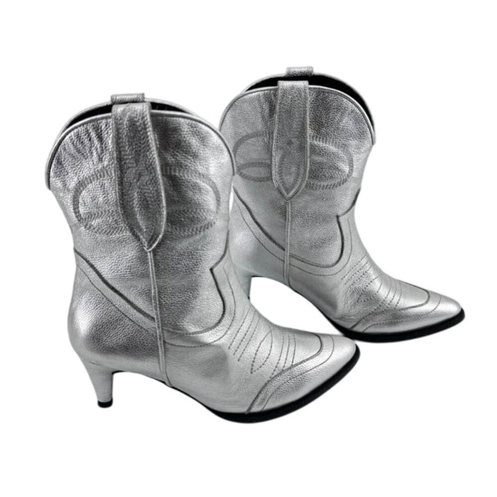 SETA Metallic Silver Leather Western Cowgirl Ankle Boots Heeled EU 37 US 6.5